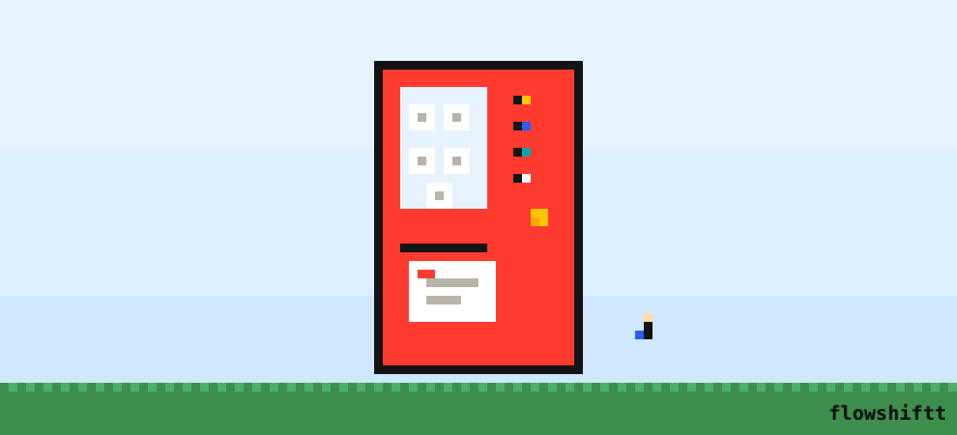 pixel artwork: a red vending machine dispensing a resume, a tiny person waiting